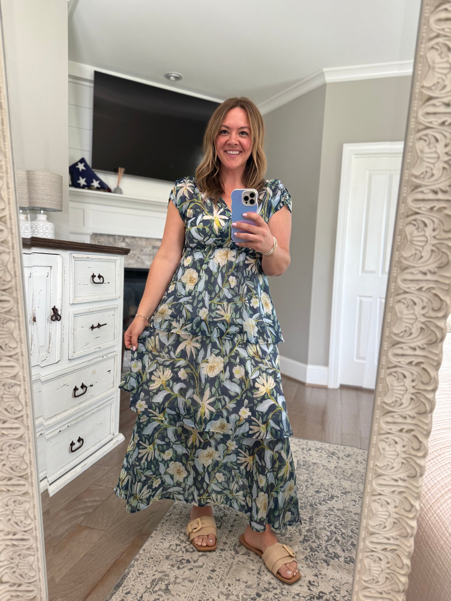 V-Neck Tiered Midi Dress