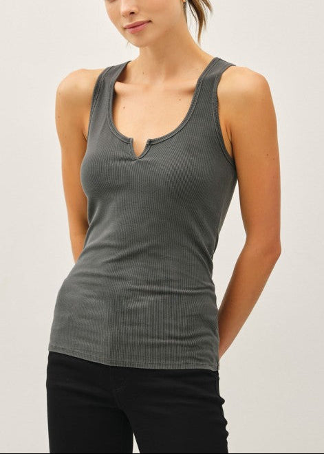 Notched Neck Ribbed Tank Top