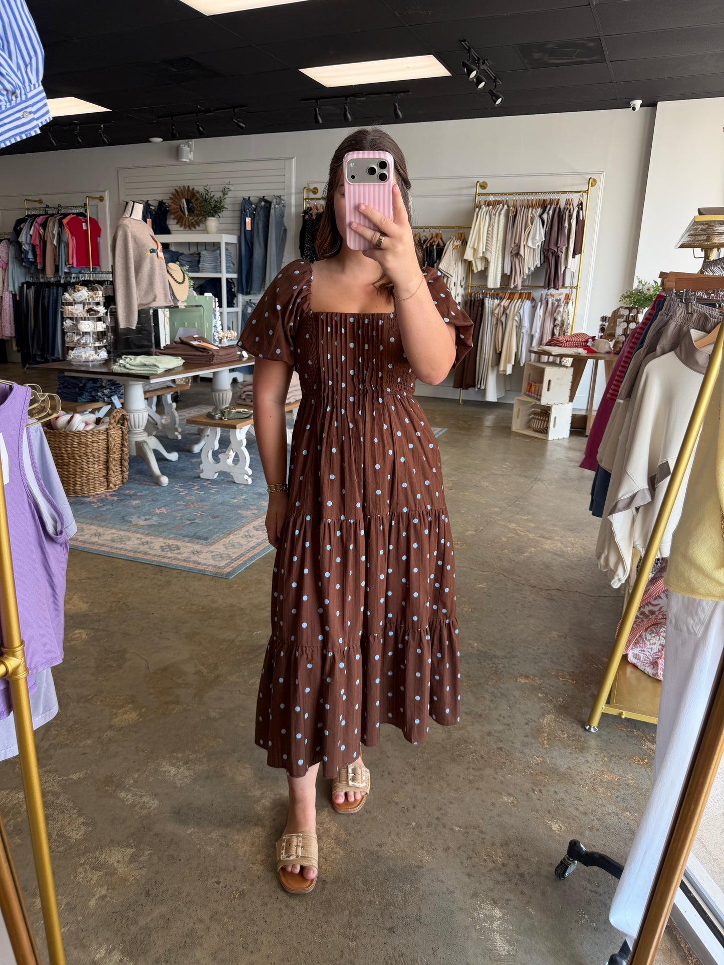 Pintuck Front Polka Dot Dress