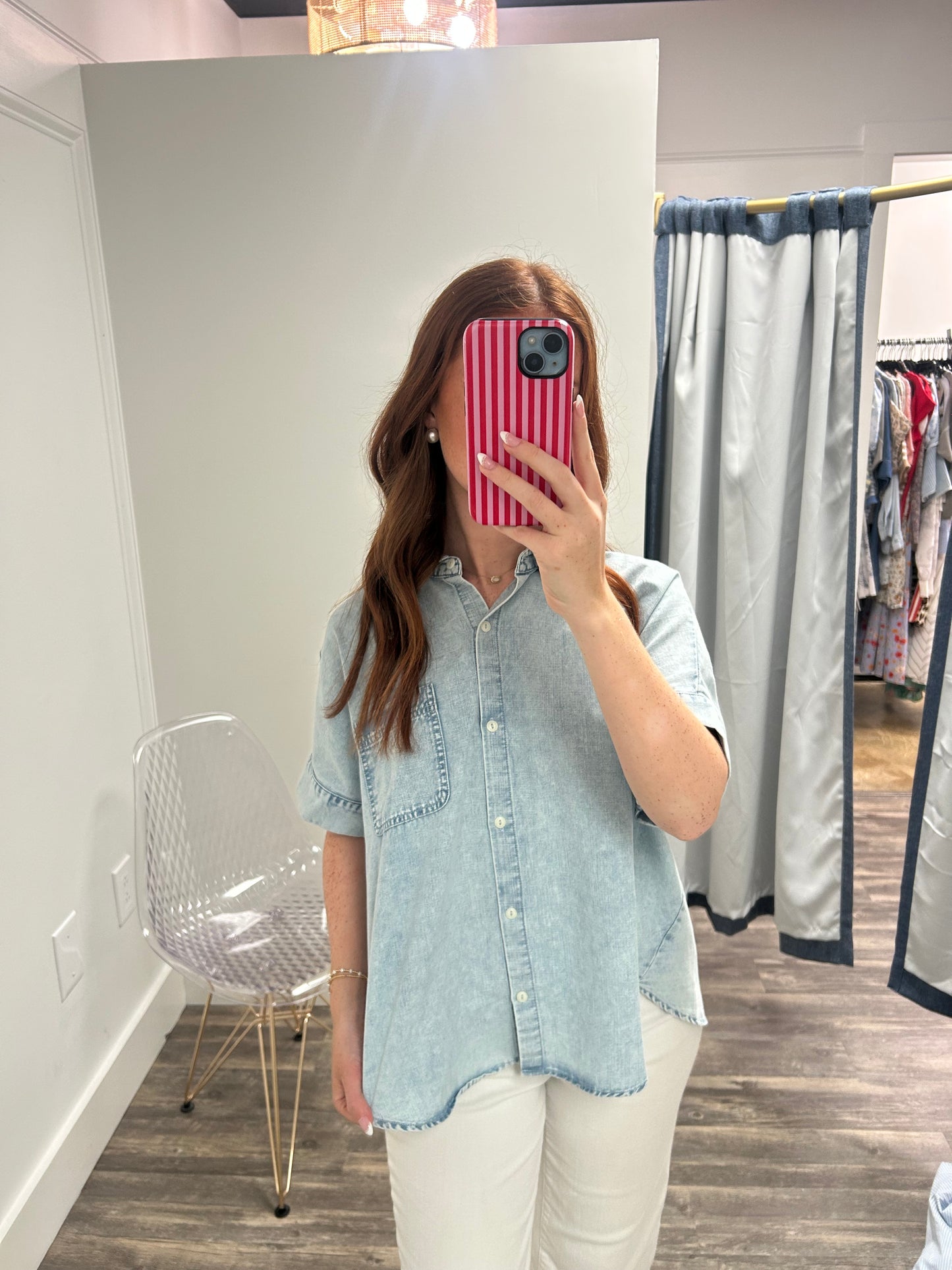 Mineral Washed Chambray OS Shirt Top