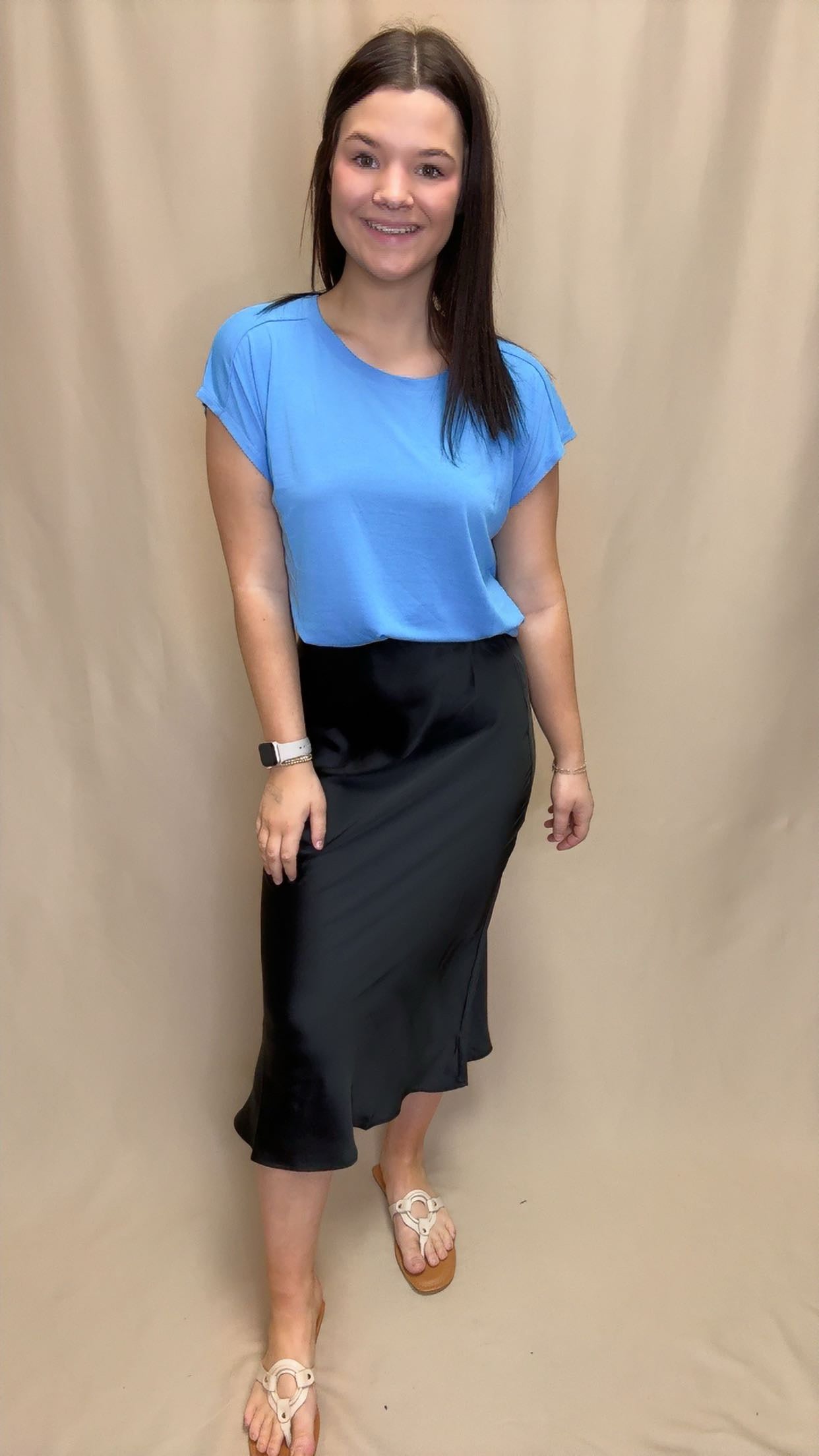 High-Waisted Satin Midi Skirt