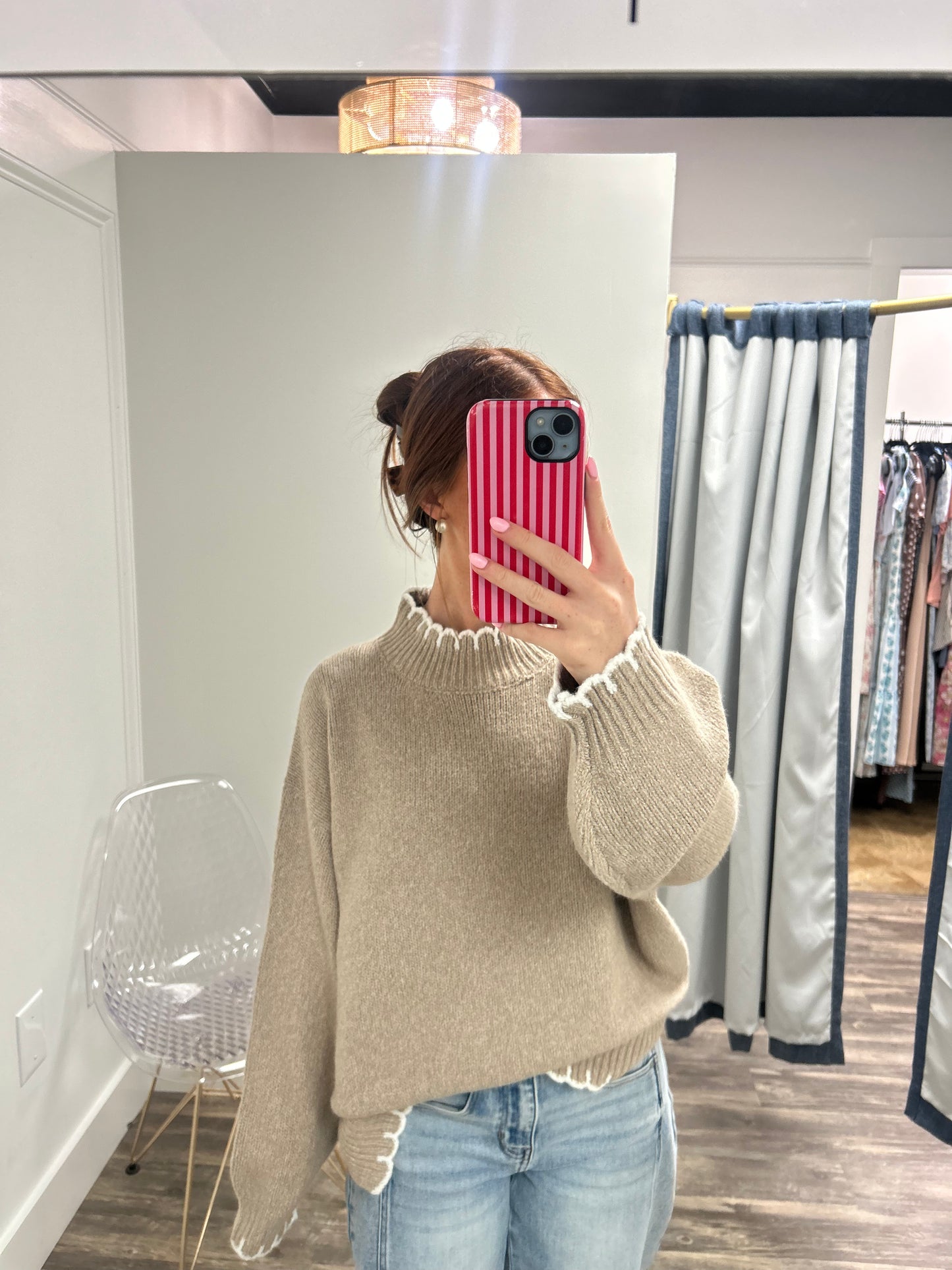 Trim Crew Neck Knit Pullover