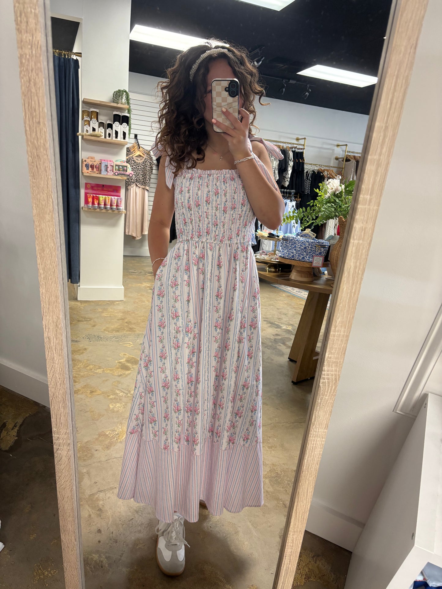 Mixed Print Bow-Tie Smocked Dress