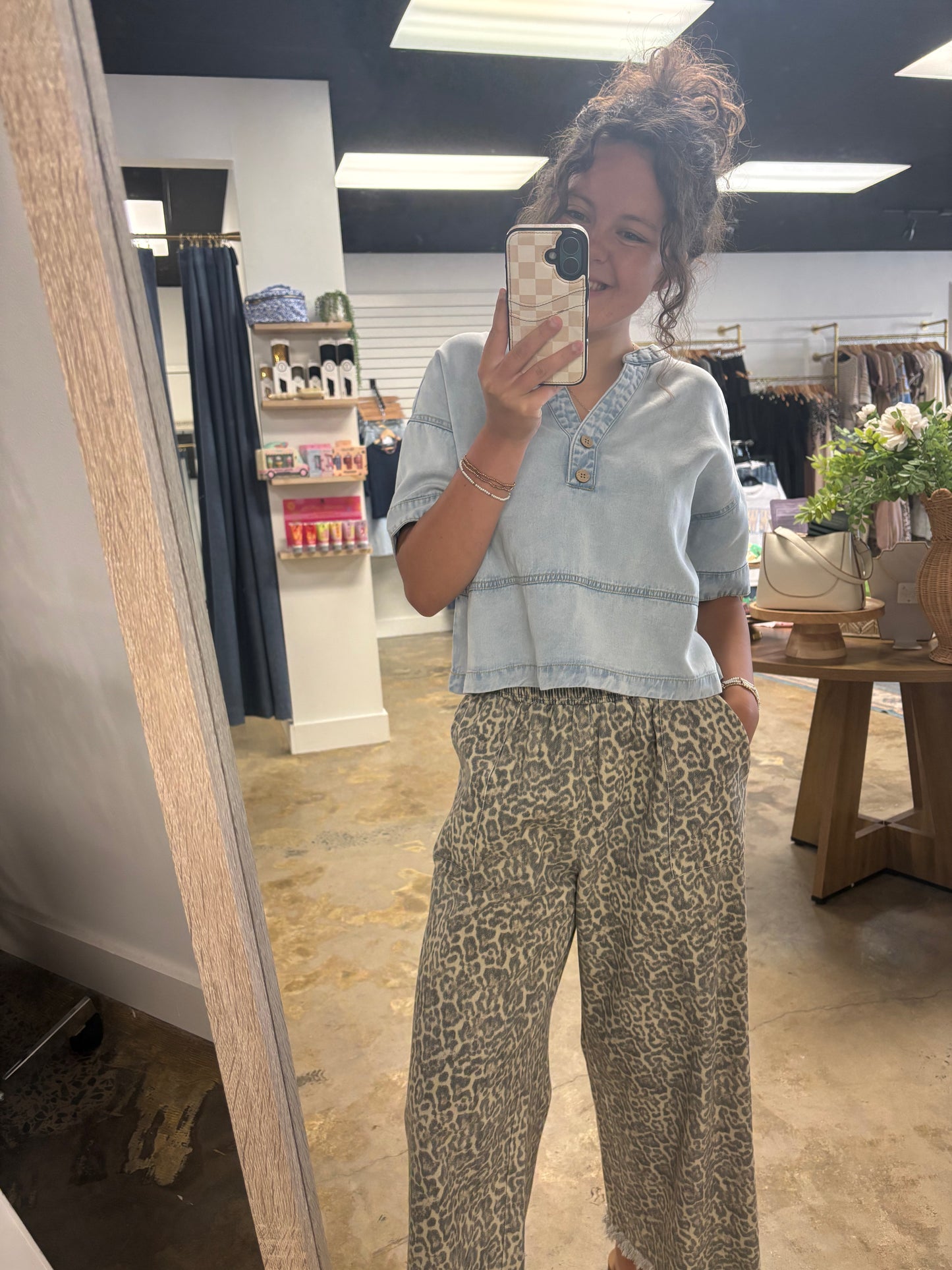 Washed Denim Short Sleeve Top