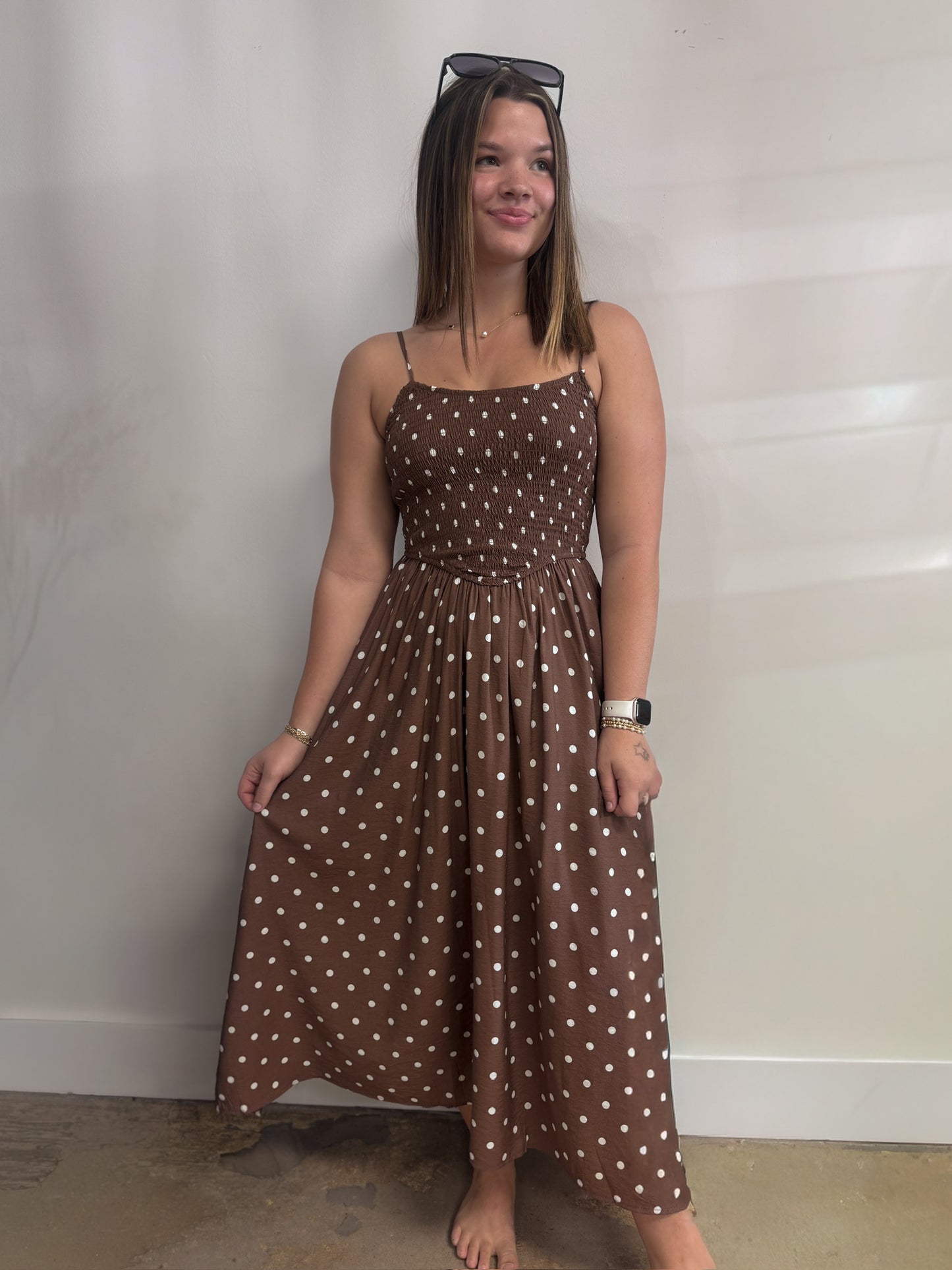 Polka Dot Smocked Midi Dress