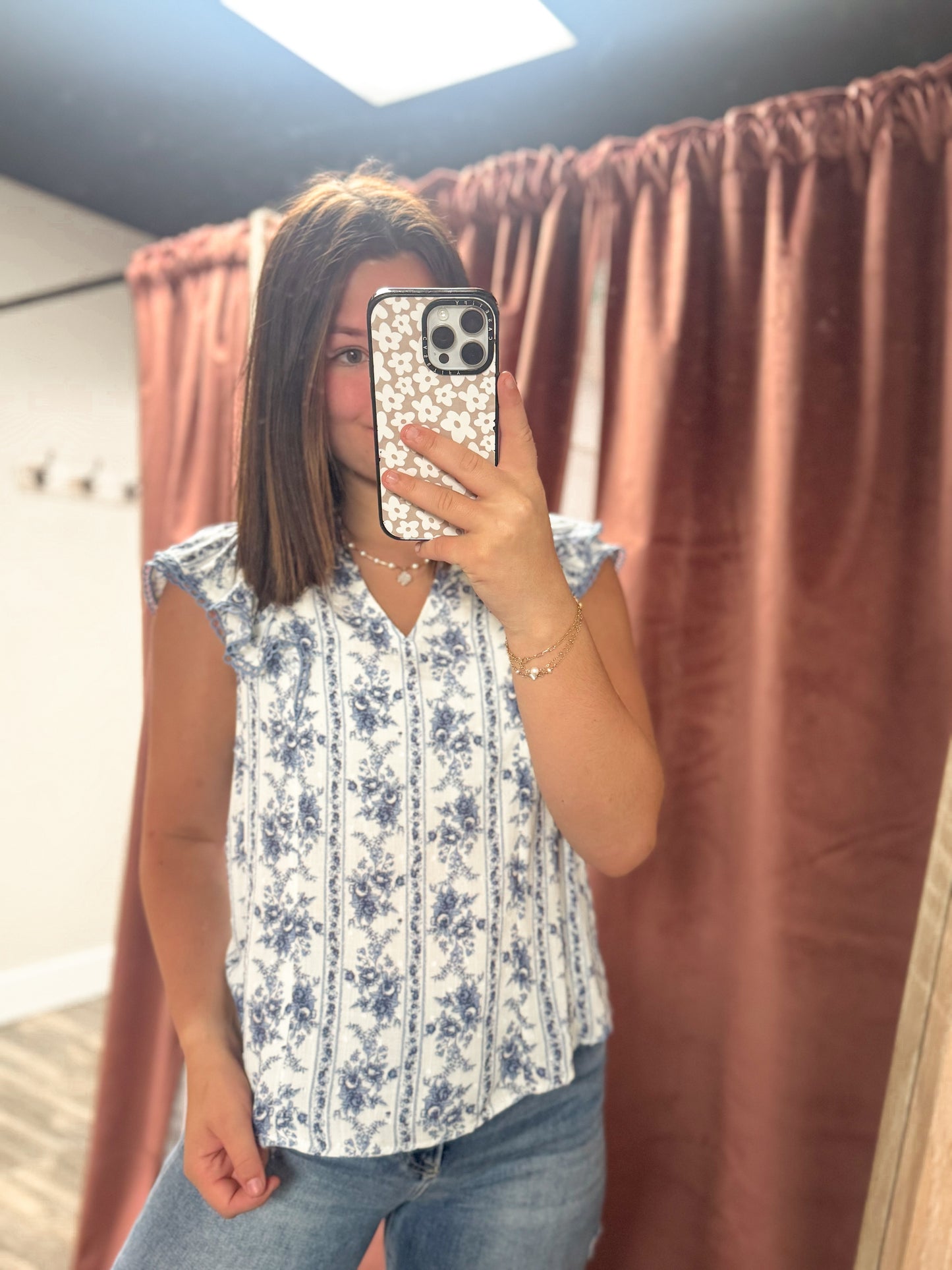 Floral Split Neck Ruffle Sleeve Top