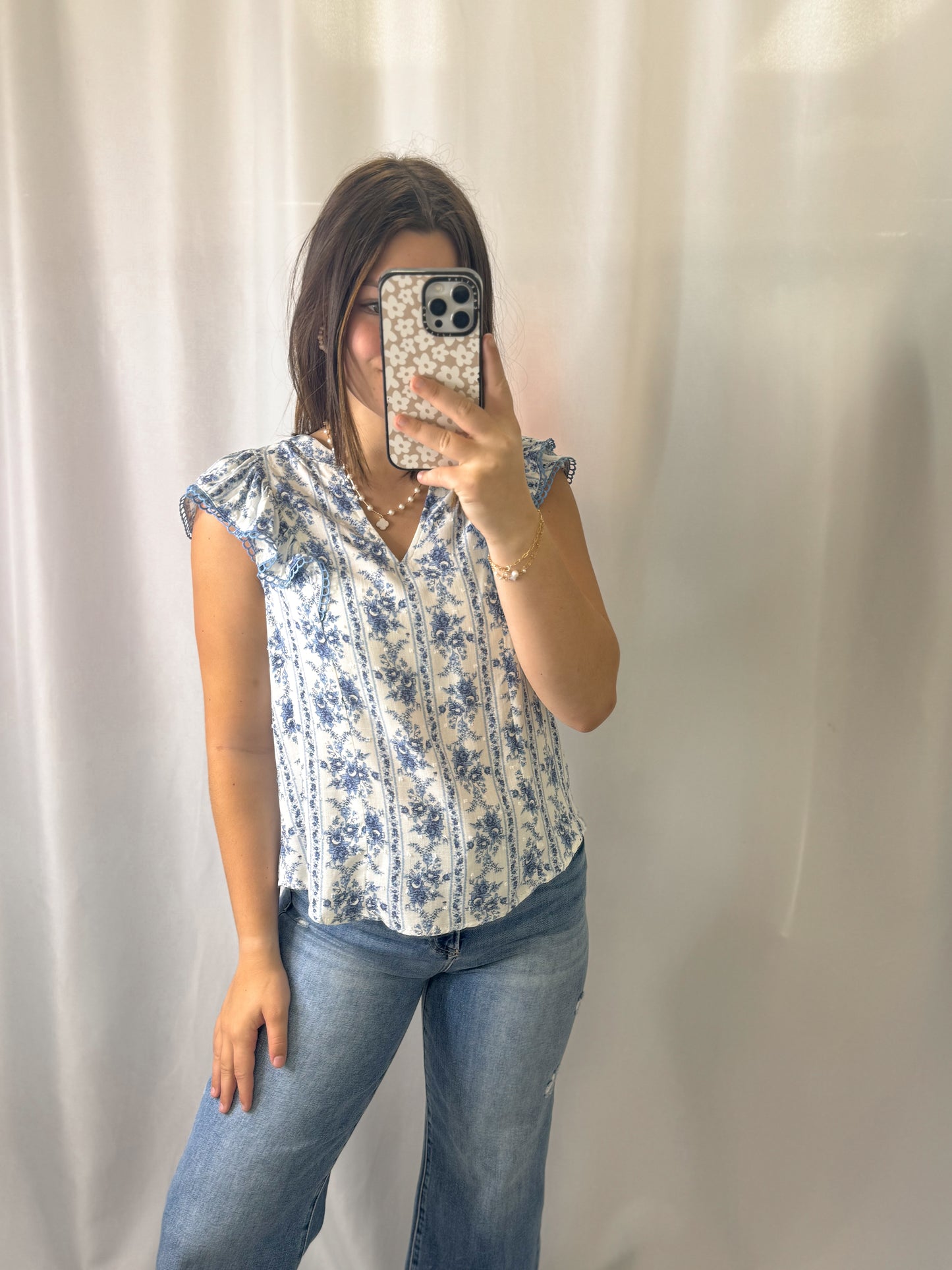 Floral Split Neck Ruffle Sleeve Top