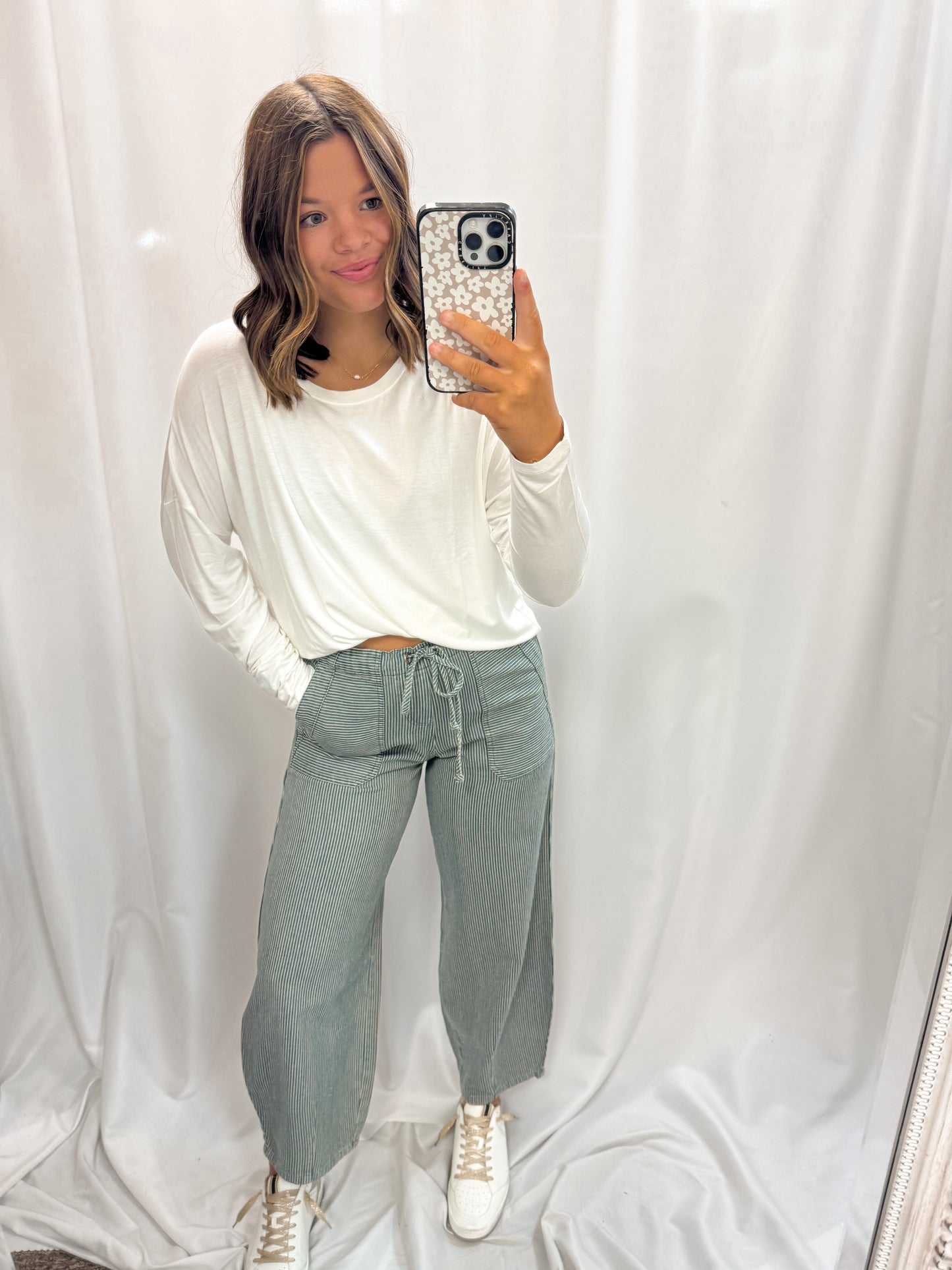 Stripe Denim Waist Tie Parachute Pants