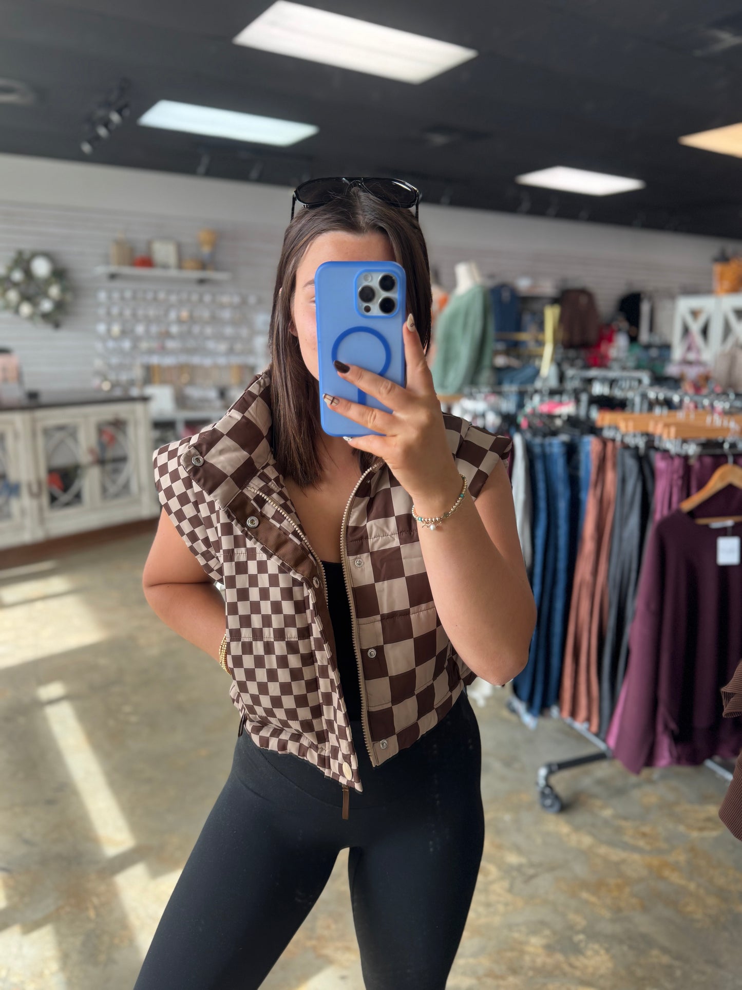 Checkered Cropped Zip-up Puffer Vest