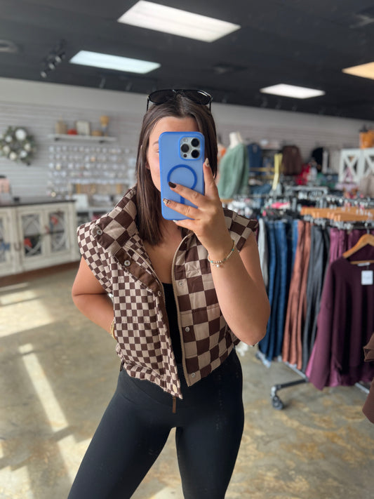 Checkered Cropped Zip-up Puffer Vest