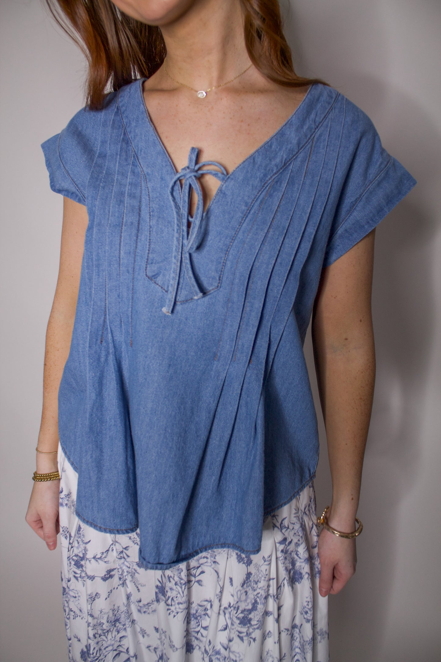 Front Tie Pintuck Detail Chambray Top