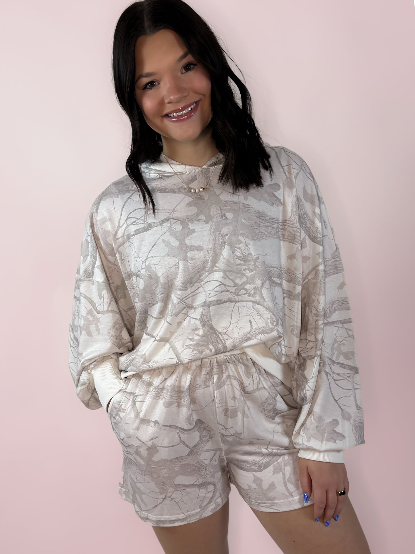 Camo Print Hoodie Shorts Set