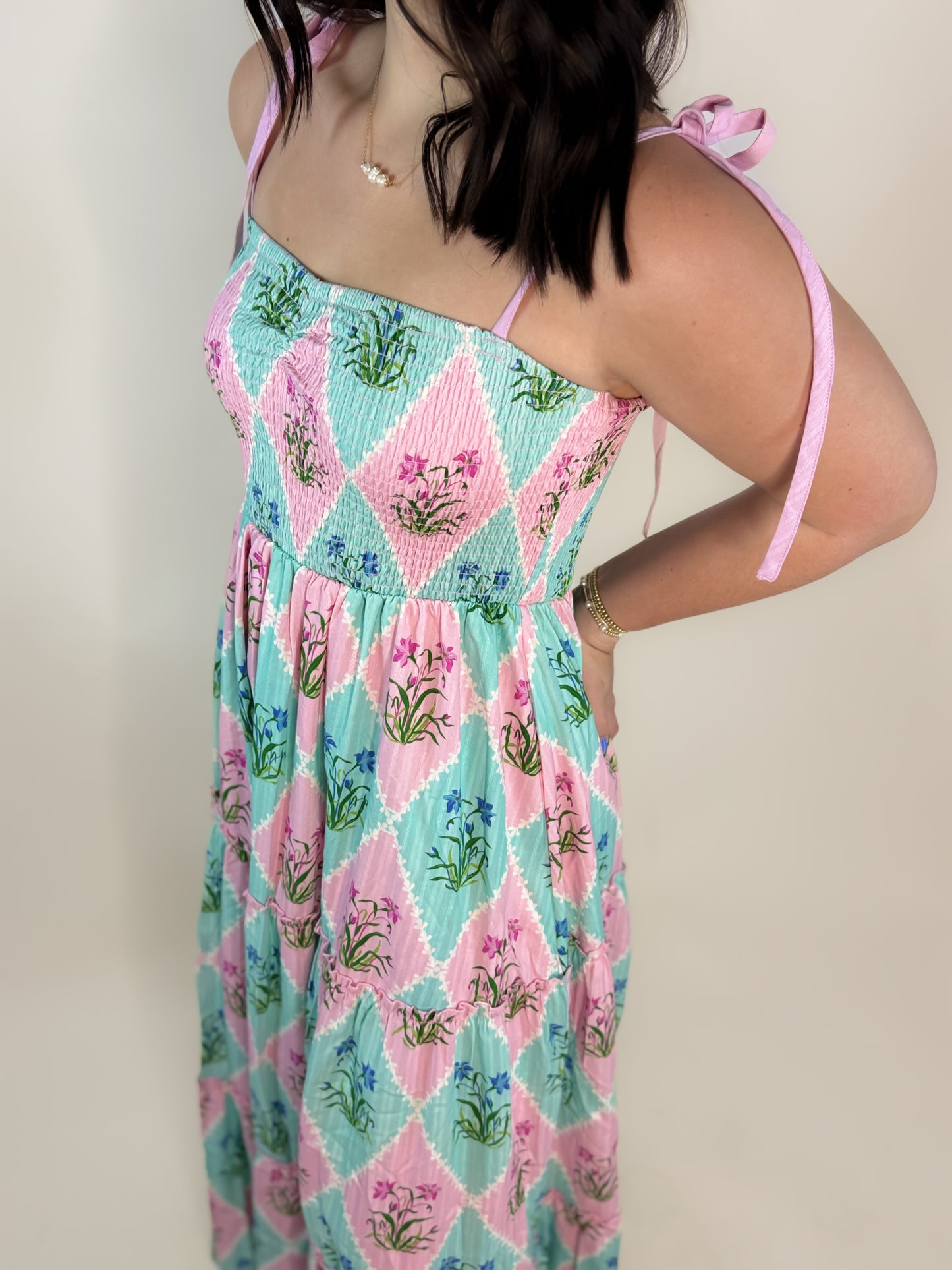 Rhombus Smocked Tier Maxi Dress