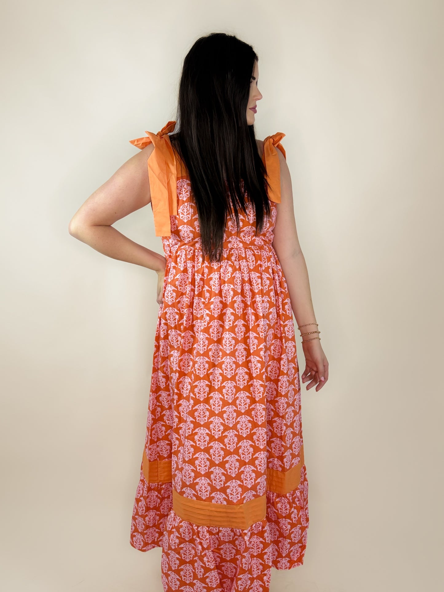 Pintuck Sleeve Bow Tie Flare Maxi