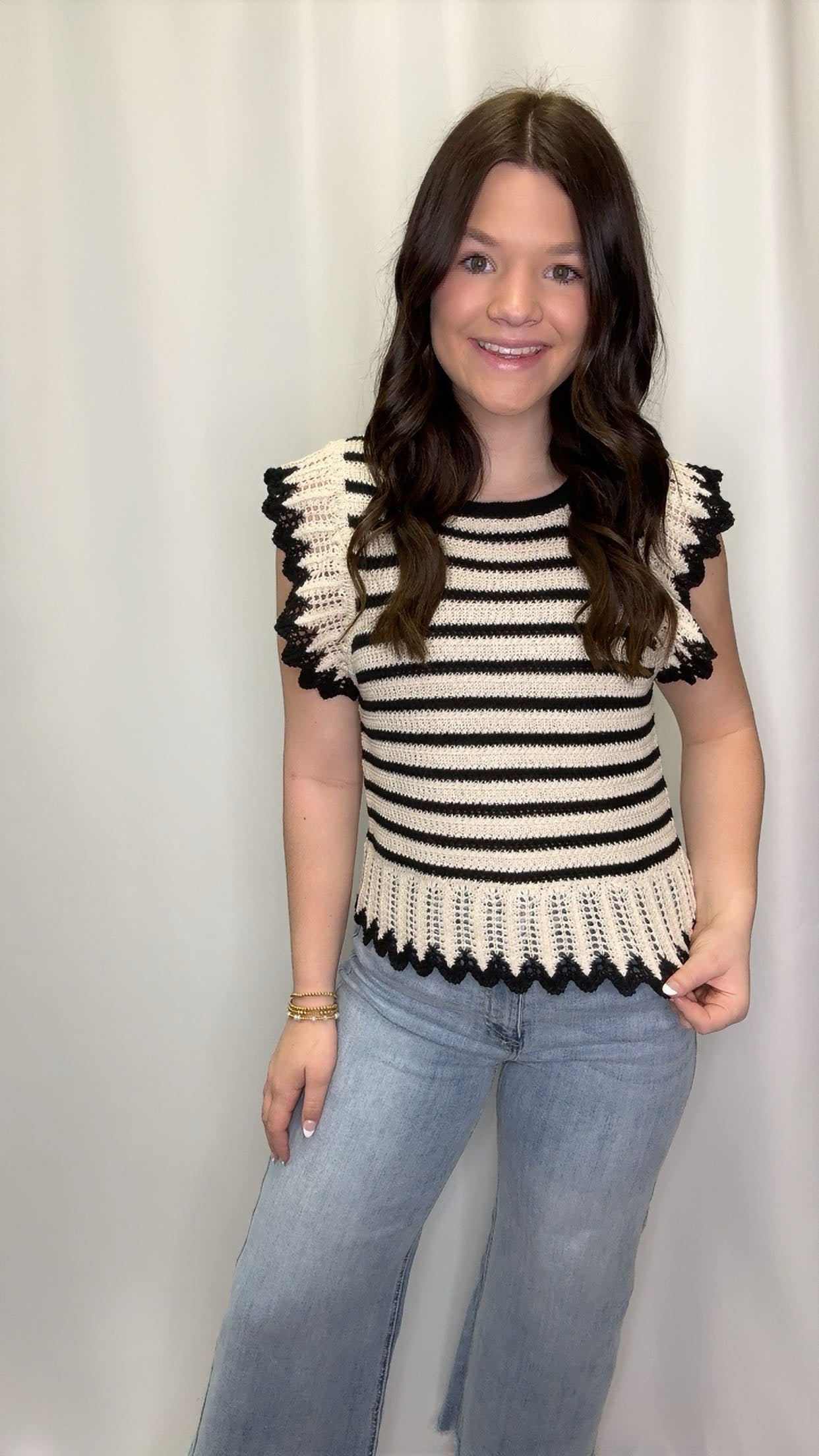 Ruffle Detail Striped Knit Sweater Top