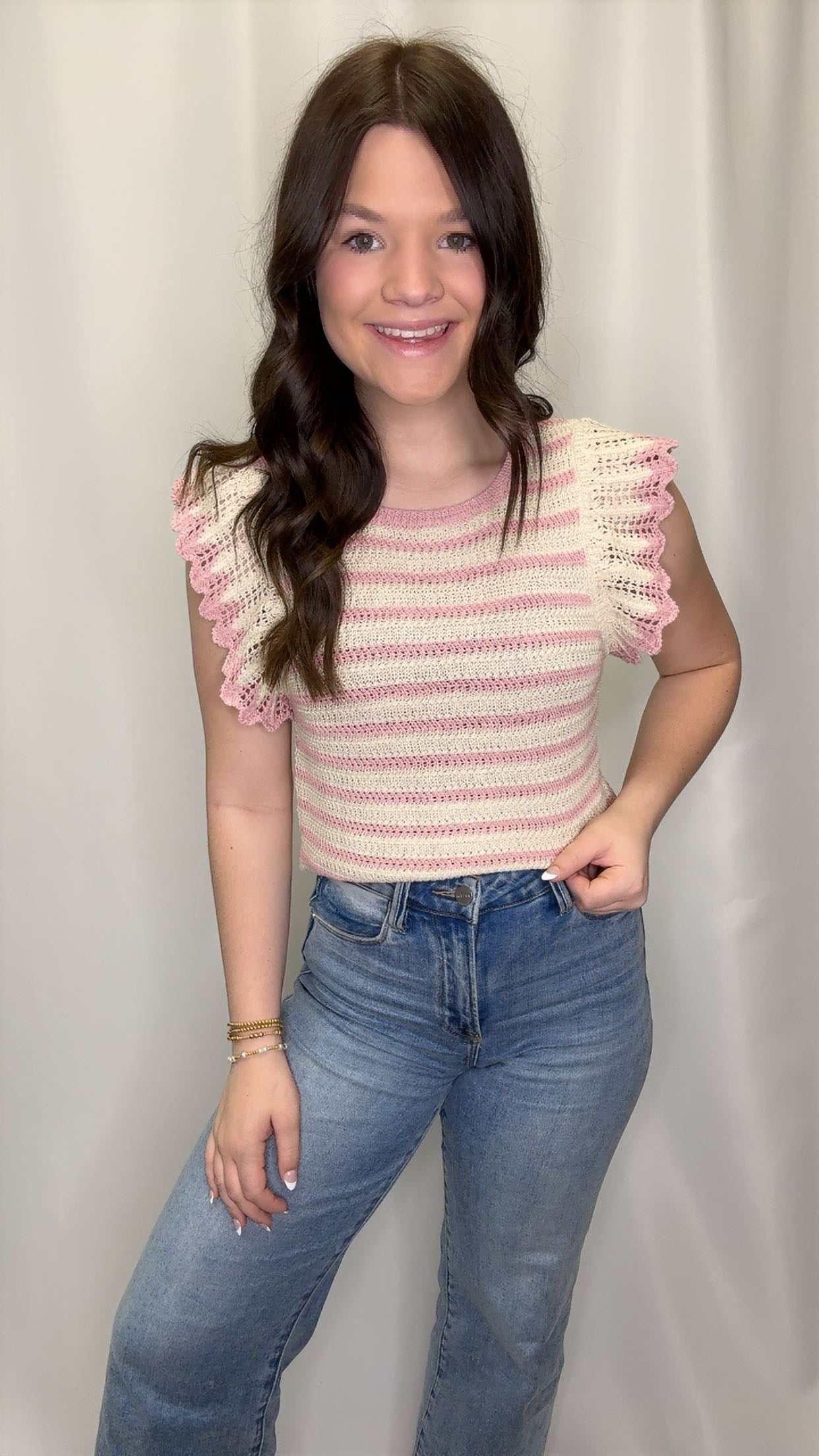 Ruffle Detail Striped Knit Sweater Top