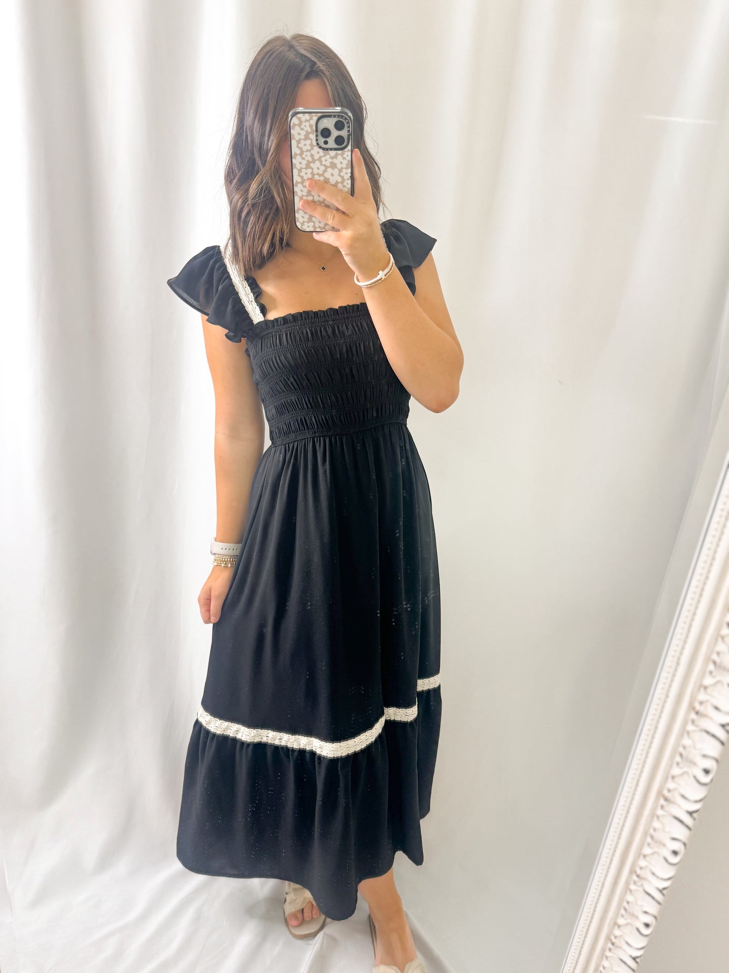 Detail Smocked Ruffle Midi Dress