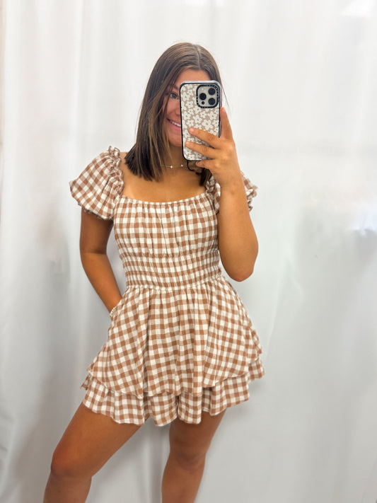 Gingham Puff Sleeve Romper