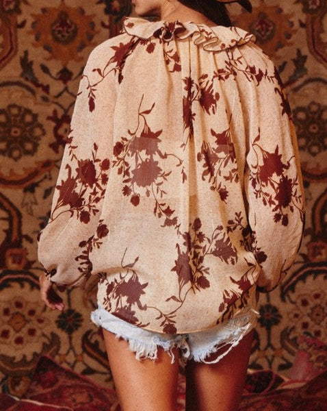 Chiffon Floral Blouse With Ruffled Neck
