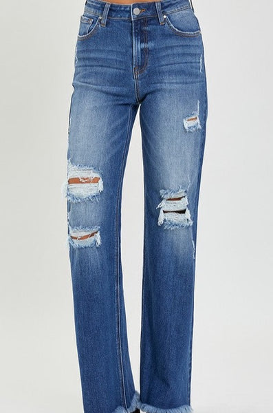 HR Knee Distressed Wide Straight Jeans