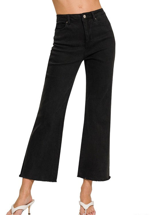 Acid Washed HW Frayed Hem Pants