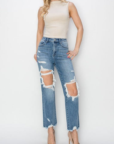 HR Cropped Straight Destressed Jeans