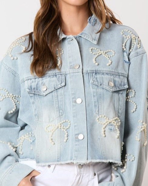 Pearl Bow Embellished Cropped Jacket