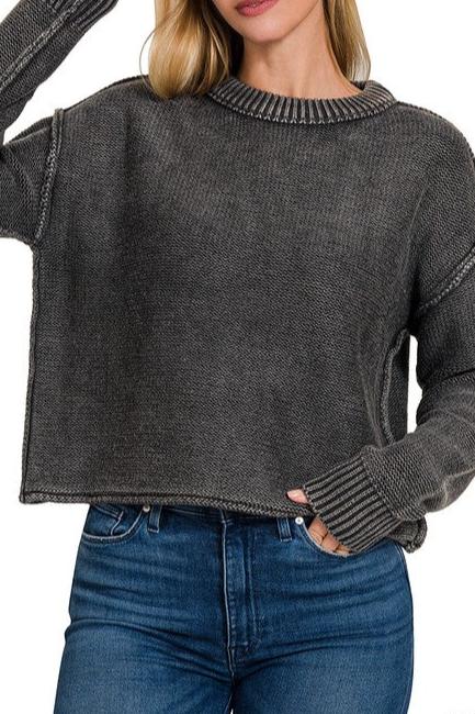 Washed Crew Neck Cropped Sweater