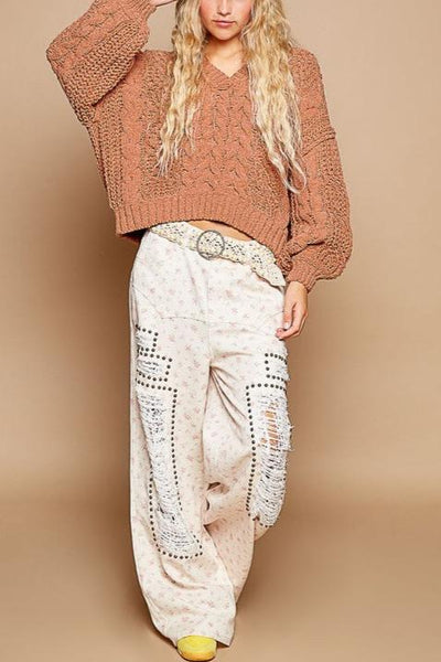 V-Neck Semi Cropped Chenille Sweater