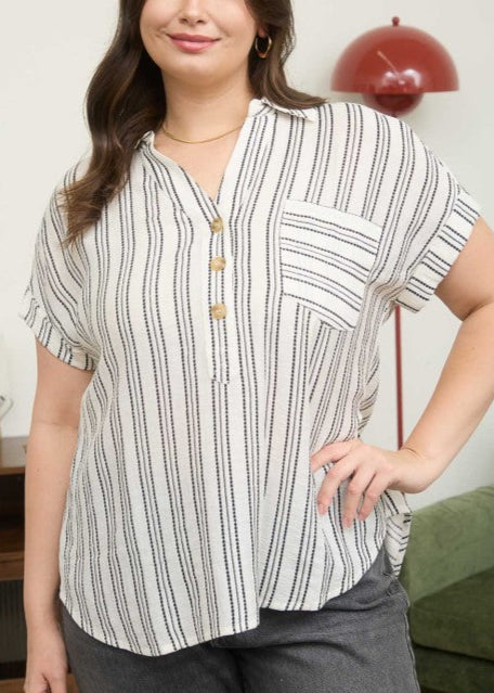 Striped and Happy Button Top