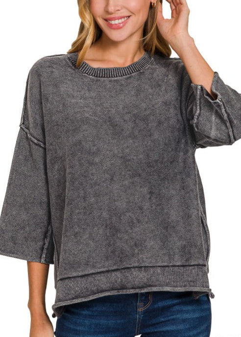 Washed 3/4 Sleeve Boxy Sweater