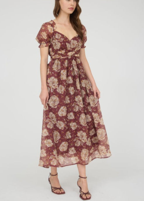 Floral Sweetheart Neck Back Tie Midi Dress