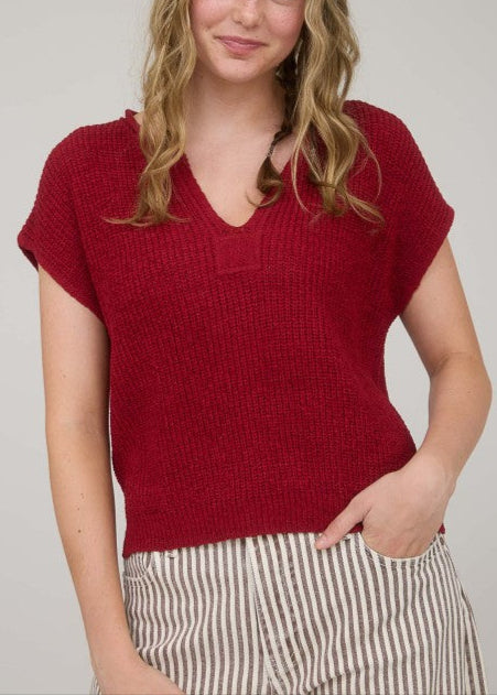 Split Neck Short Sleeve Knit Pullover