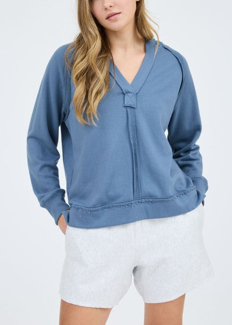 Hooded V Neck Raw Edge Top
