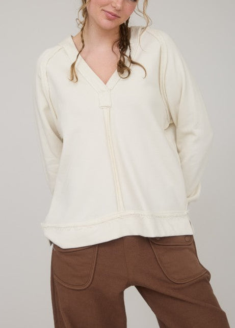 Hooded V Neck Raw Edge Top