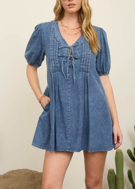 Pleated Front Tie Denim Mini Dress