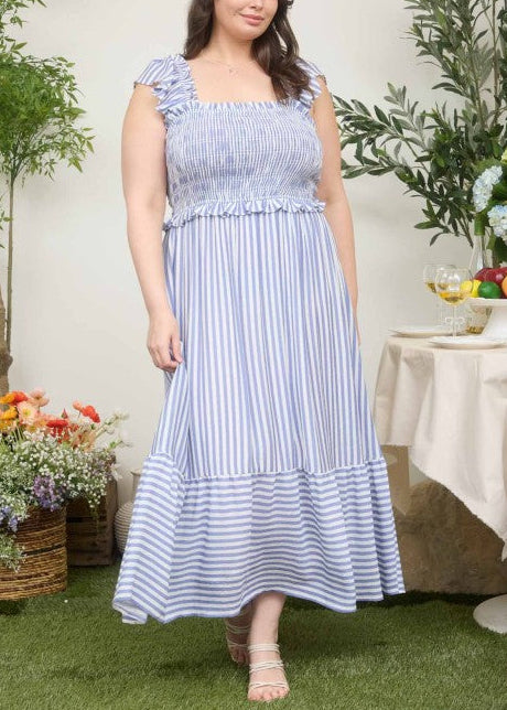 Smocked Ruffle Trim Midi Dress