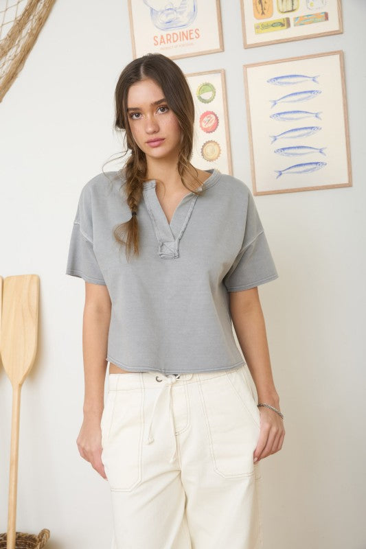 Washed Split-Neck Knit Top