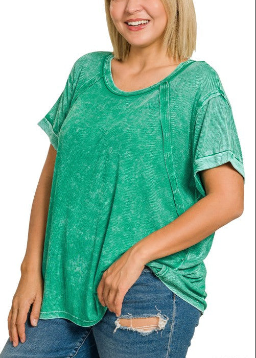 Washed Ribbed Short Sleeve Top