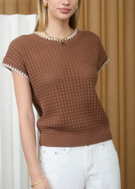 Knit Trim Short Sleeve Sweater