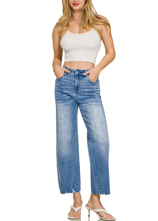 Wide Raw Hem Cropped Denim Pants