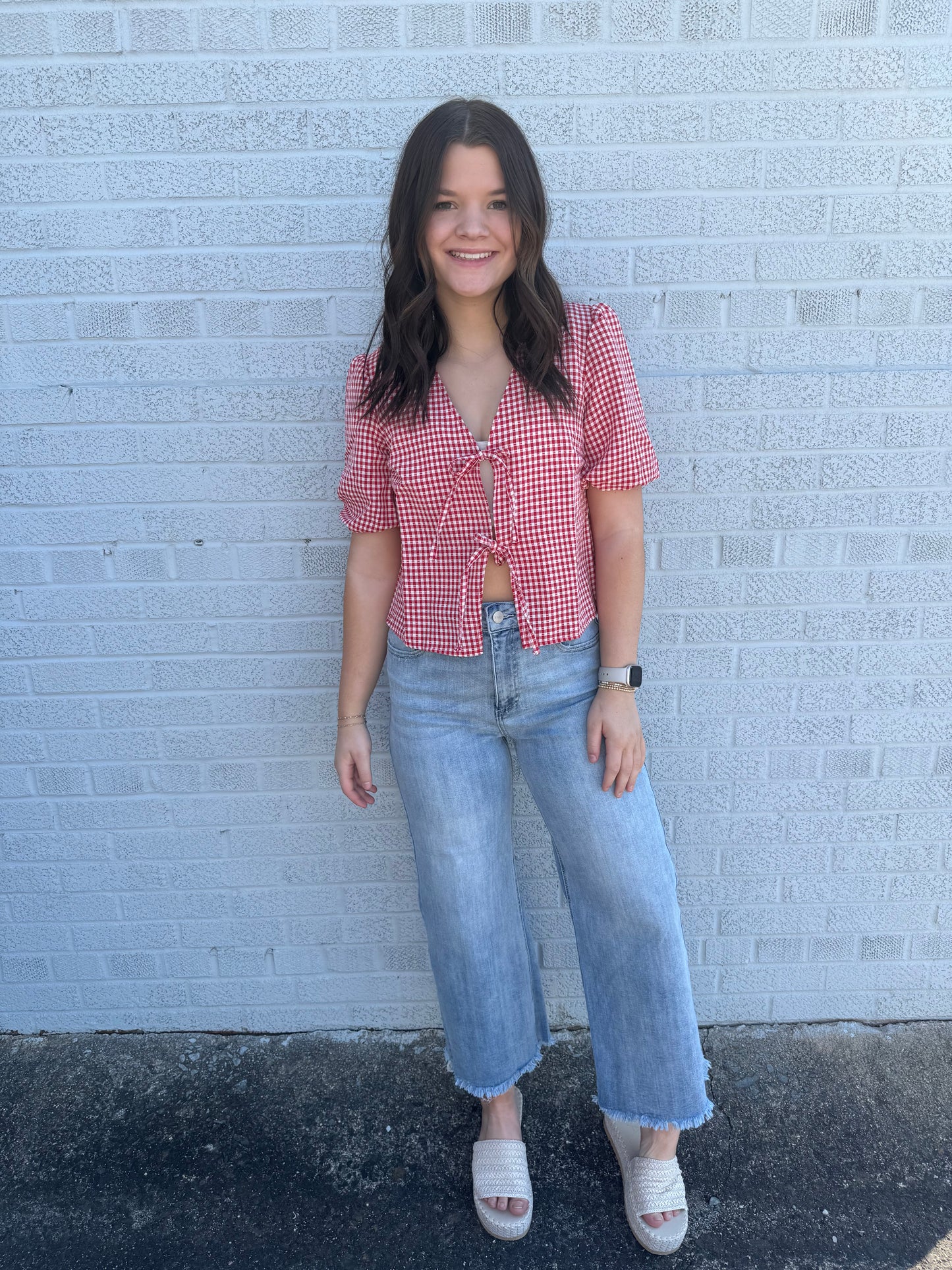 Gingham Bow Puff Sleeve Blouse