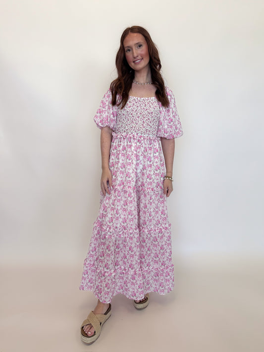 Floral Bubble Sleeve Tiered Maxi Dress
