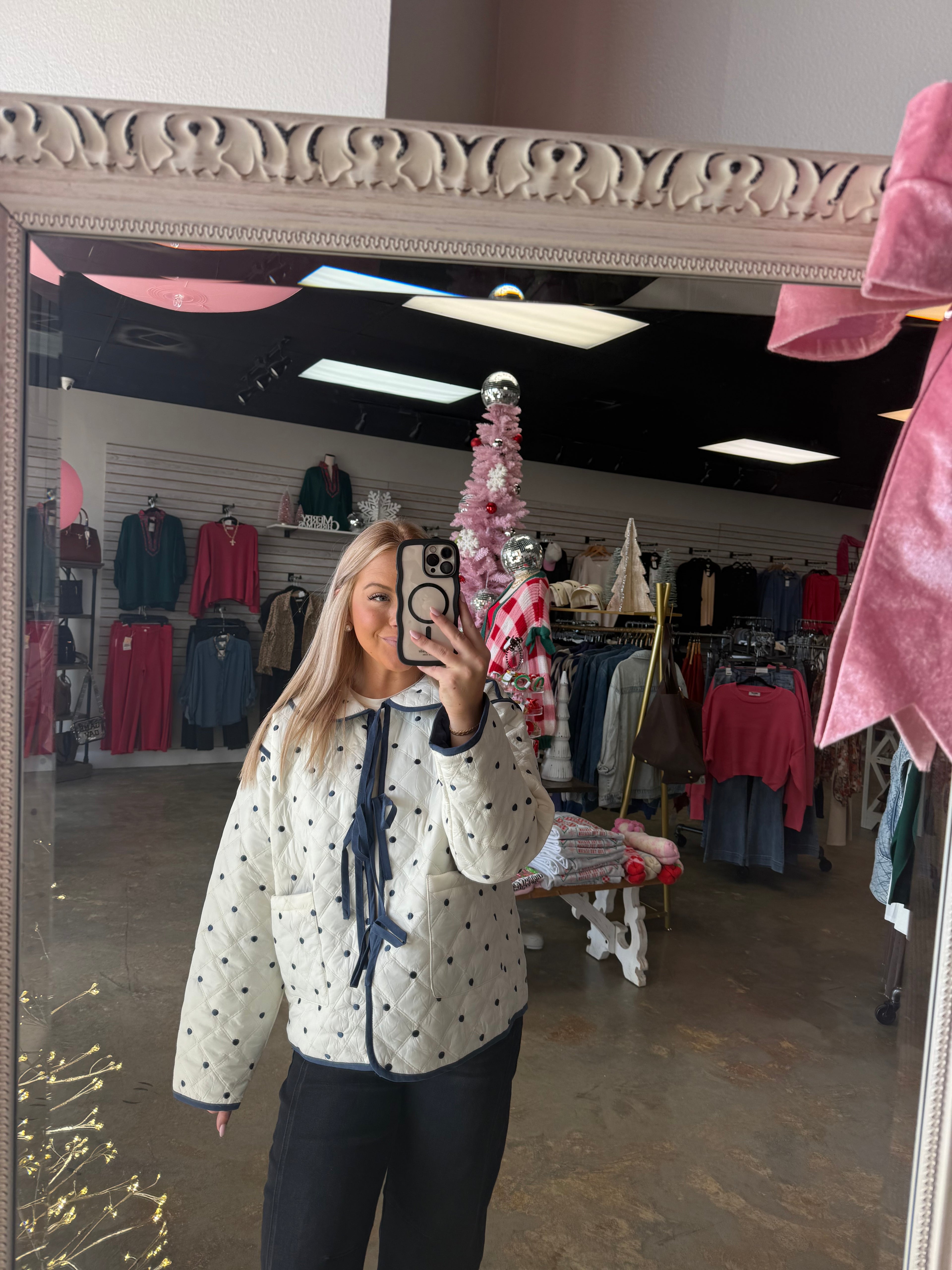 Polkadot Quilted Front Tie Jacket