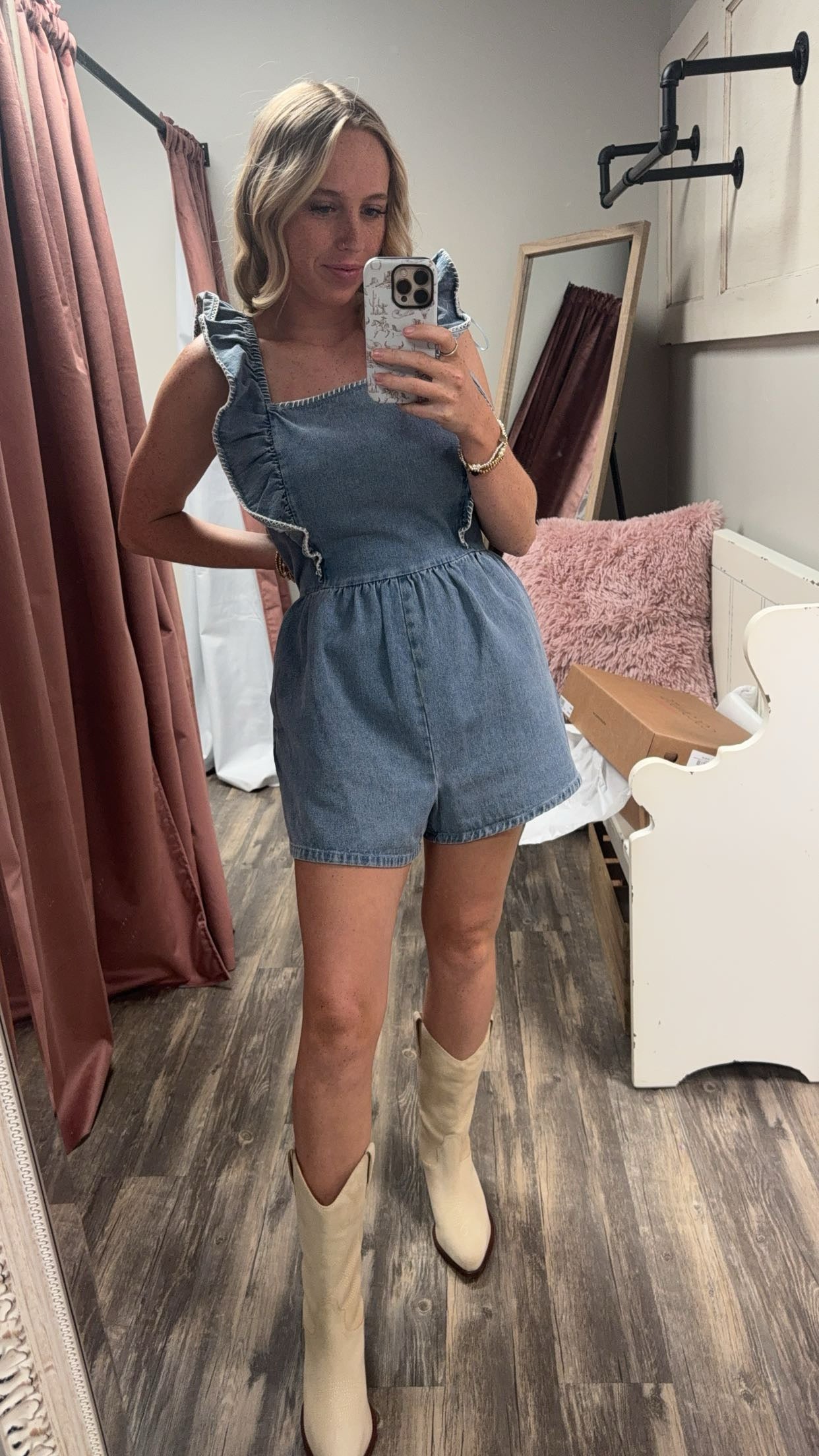 Ruffle Detail Denim Romper