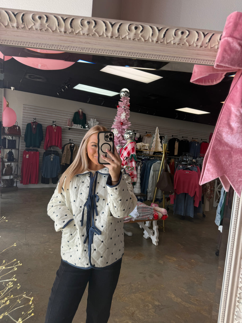 Polkadot Quilted Front Tie Jacket