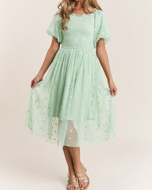 Whimsical Daisy Chiffon Tulle Midi Dress