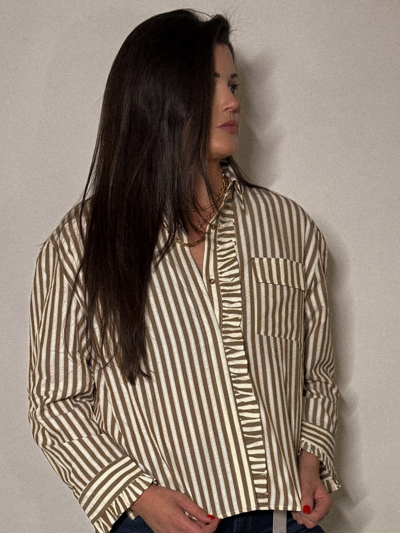 Stripe Ruffled Button Top