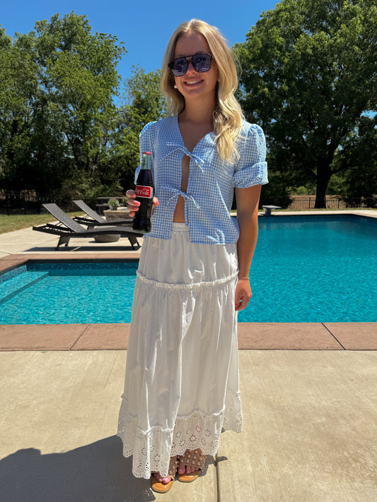 Gingham Bow Tie Puff Sleeve Blouse