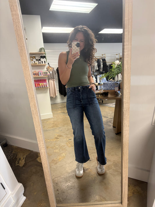 High-Rise Patch Pocket Ankle Flare